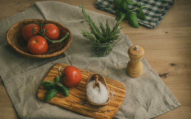 Tomates et herbes fraiches sur une planche en bois, legumes de saison