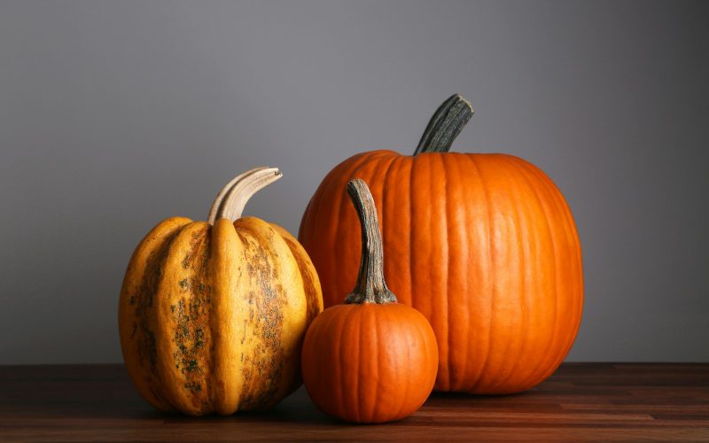Trois potimarrons d automne poses sur une table en bois