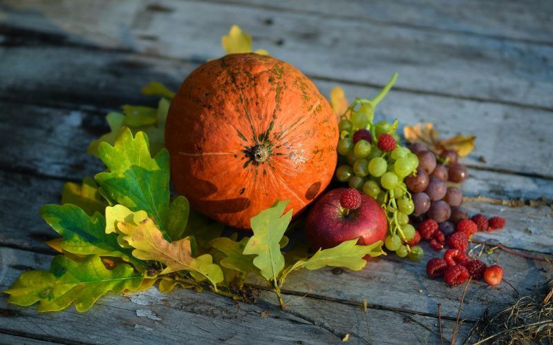 Potiron, grappe de raisin et pomme avec feuilles de chene, nature morte d automne