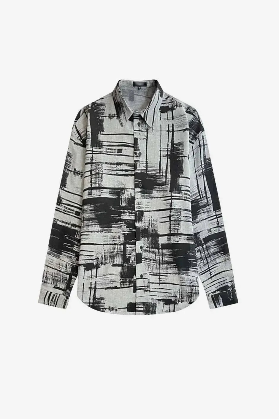 Chemise en lin naturel à motif graphique noir et blanc, posée à plat
